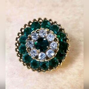 Vintage Coro Green & Clear Rhinestone  Brooch Gold Tone 1 1/8" 1950's